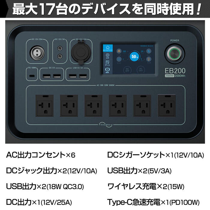 HANT ポータブル電源 2000W EB200 超大容量2000Wh/625000mAh バッテリー 蓄電池 軽量 充電 非常用電源 炊飯器 スマホ充電 電気毛布 扇風機 掃除機 ヒーター 震災対策 防災 避難所 停電 車中泊 家庭 アウトドア キャンプ 野外イベント ピクニック レジャー