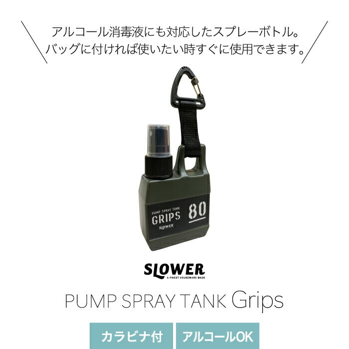 slower ポンプスプレータンク グリップス 80ml | アルコール対応 Grips 携帯用スプレー カラビナ ストラップ付き 消毒液 香水 アルコール 容器 遮光 キャップホルダー 詰め替え容器 スプレー容器 霧吹き かわいい アウトドア おしゃれ アルコール ユニセックス 男前