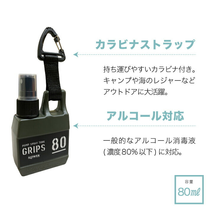 slower ポンプスプレータンク グリップス 80ml | アルコール対応 Grips 携帯用スプレー カラビナ ストラップ付き 消毒液 香水 アルコール 容器 遮光 キャップホルダー 詰め替え容器 スプレー容器 霧吹き かわいい アウトドア おしゃれ アルコール ユニセックス 男前