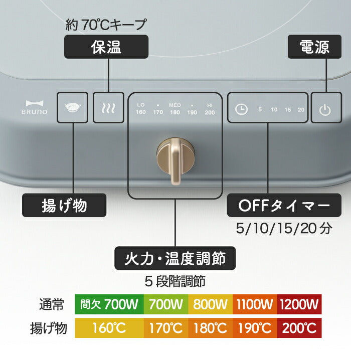 IHコンロ ブルーノ IHクッキングヒーター IH調理器 おしゃれ 卓上 小型 火力5段階 温度調節 高温 揚げ物OK 1200W 安全 一口 コンロ 電磁調理器 鍋 洋風 オフタイマー お手入れ簡単 工事不要 シンプル キッチン家電 北欧 一人暮らし 新生活 BRUNO ギフト プレゼント