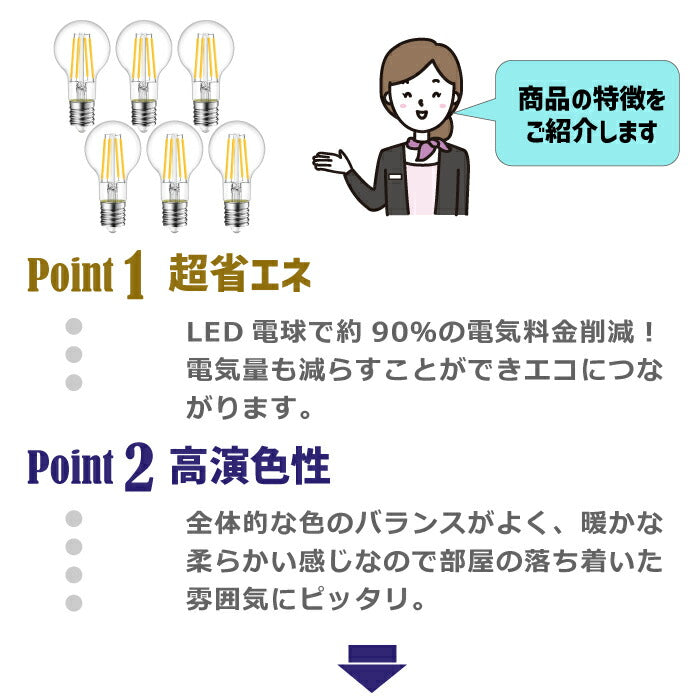 【送料無料】 LED電球 フィラメント電球 シャンデリア電球 6個セット E17口金 電球色 白熱電球48W形相当 2700K 広配光タイプ 600lm 4.5W レトロ アンティーク ビンテージ エジソンランプ 高輝度 長寿命 節電 小形電球 6個パック 非調光 玄関 階段 廊下 トイレ 店舗 新生活